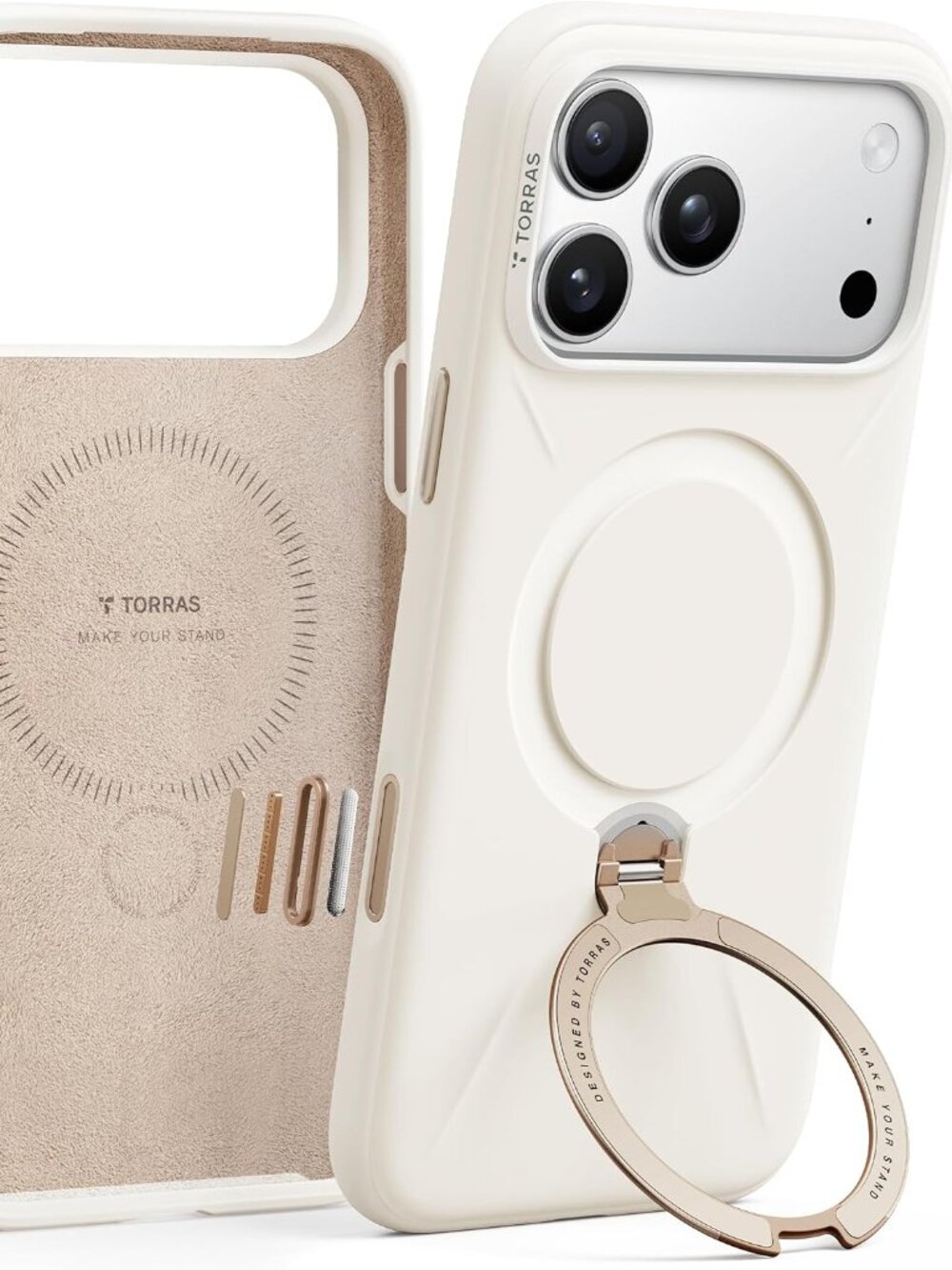 TORRAS Q3 iPhone 17 Pro Case MagSafe 360 Spin Kickstand Silicone Light Ivory